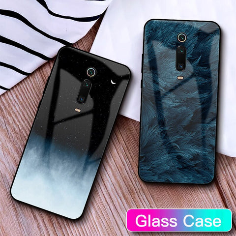 Xiaomi Mi 9T Case Tempered Glass Feather Print Cover With Starry Sky Design Phone Case