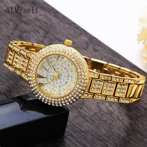 Gold Fashion & Casual watch Metal bracelet high quality luxury quartz white crystal watch