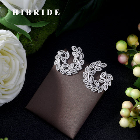 HIBRIDE Stud Earrings Luxury Leaf Flower Design AAA Cubic Zirconia Earring E-430