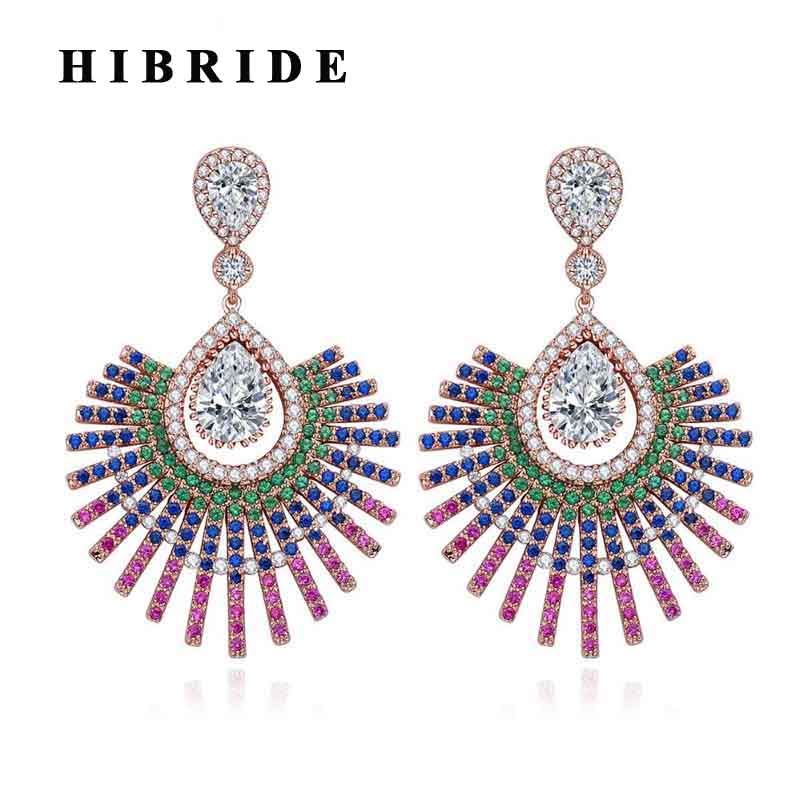 HIBRIDE Bohemia Style Multicolor Cubic Zircon Pave Big Pendant Drop Earring E-504