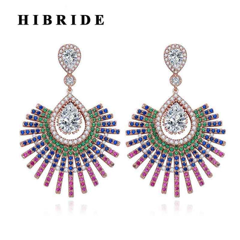 HIBRIDE Bohemia Style Multicolor Cubic Zircon Pave Big Pendant Drop Earring E-504