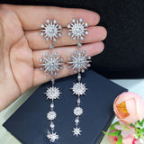 HIBRIDE Sunflower Shape Cubic Zirocnia Stone Long Tassel Charm Drop Earrings E-651