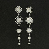 HIBRIDE Sunflower Shape Cubic Zirocnia Stone Long Tassel Charm Drop Earrings E-651