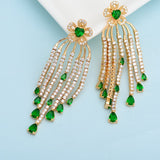 HIBRIDE Water Drop Green Cubic Zircon Pendant Long Tassel Earring E-505