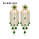 HIBRIDE Water Drop Green Cubic Zircon Pendant Long Tassel Earring E-505