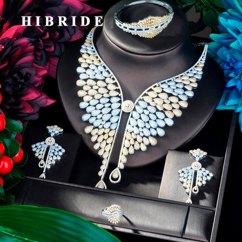 HIBRIDE Big 4 pcs Plant Shape Pendant Gold Color Luxury Women Jewelry Set