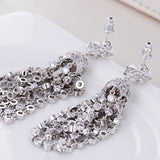 HIBRIDE Luxury White Austrian Crystal Stone Tassel Long Pendant Earrings E-198