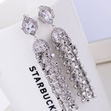HIBRIDE Luxury White Austrian Crystal Stone Tassel Long Pendant Earrings E-198
