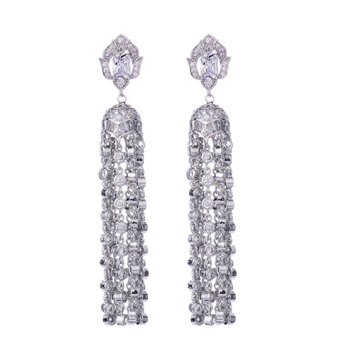 HIBRIDE Luxury White Austrian Crystal Stone Tassel Long Pendant Earrings E-198