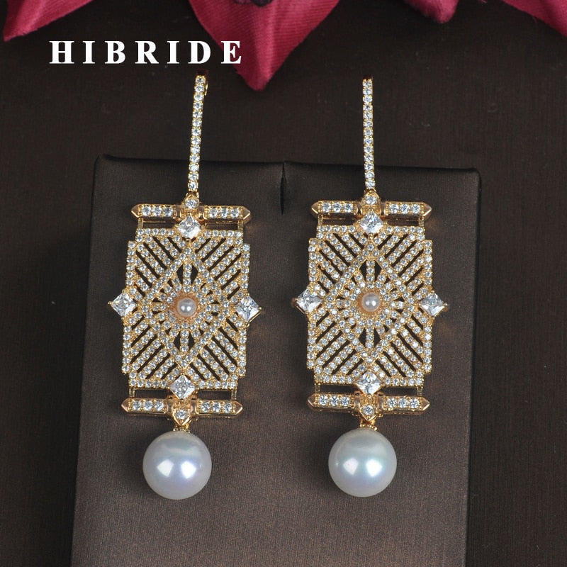 HIBRIDE Micro Cubic Zirconia Pave Gold Color Pearl Drop Earrings E-677