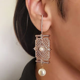 HIBRIDE Micro Cubic Zirconia Pave Gold Color Pearl Drop Earrings E-677