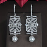 HIBRIDE Micro Cubic Zirconia Pave Gold Color Pearl Drop Earrings E-677