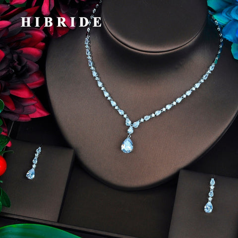 HIBRIDE Brilliant Water Drop Shape Cubic Zirconia Bridal Necklace Set