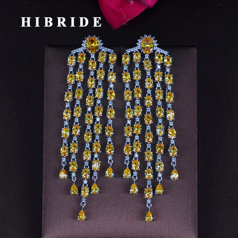 HIBRIDE Yellow Green Clear Cubic Zirocnia Bride Drop Tassel Dangle Earring E-702