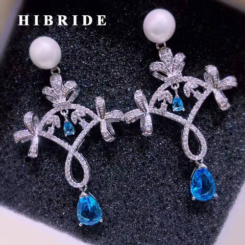 HIBRIDE Elegant Flower Pendant Drop Earring Blue And Green Cubic Zircon Earring E-525