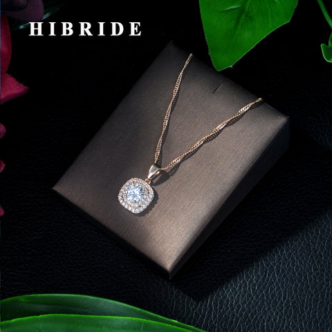 HIBRIDE Rose Gold Color Pendant Necklace With Crystal CZ Pave Water Drop Shape
