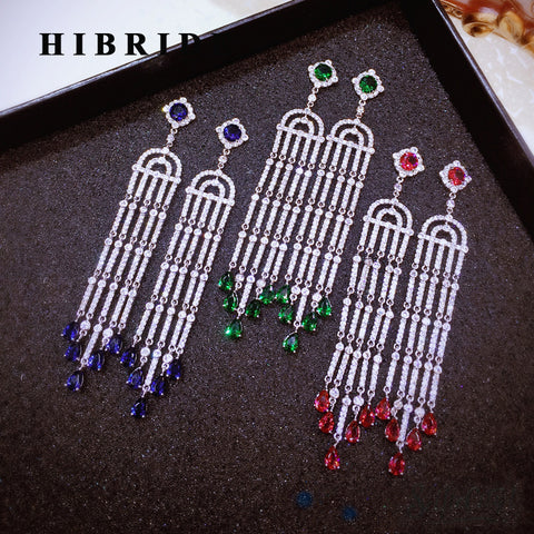 HIBRIDE European Style Water Drop Cubic Zircon Bridal Long Tassel Earring Brincos Bijoux E-517