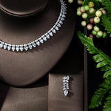 HIBRIDE Clear Bright CZ Water Drop Pendant White Gold-Color Charm Necklace Set