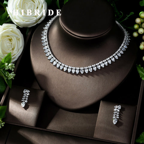 HIBRIDE Clear Bright CZ Water Drop Pendant White Gold-Color Charm Necklace Set