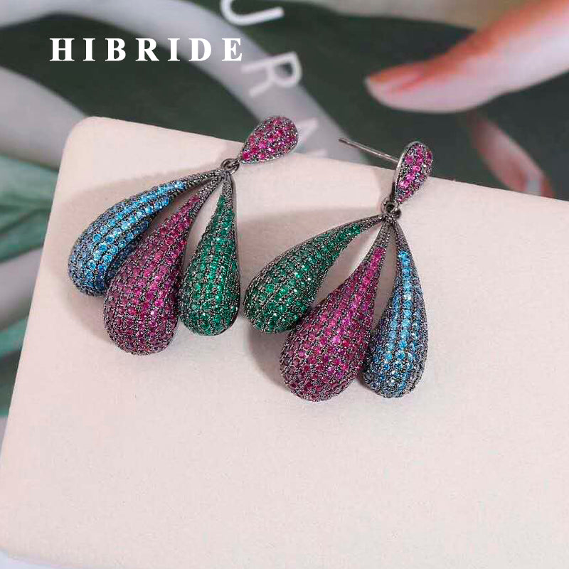 HIBRIDE Colorful AAA Micro CZ Pave Big Bangle Drop Earrings E-891