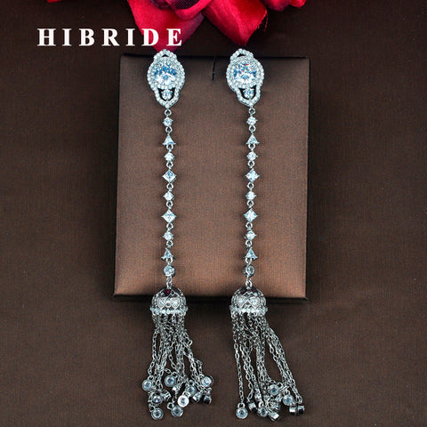 HIBRIDE Clear Cubic Zircon Chain Tassel Earrings Pendientes Boucle d'oreille E-833