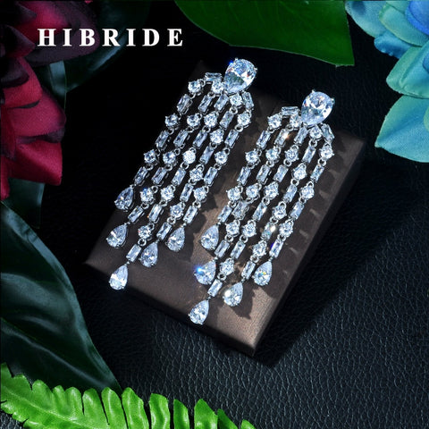 HIBRIDE Zircon Tassel Earring Rhodium Plated Earrings E-56