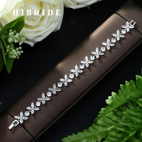 HIBRIDE Cubic Zirconia Flower Design CZ Stone Bracelet Bangle Bridal Wedding Jewelry B-68