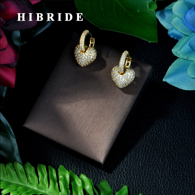 HIBRIDE Heart Hoop Earrings Micro Zircon Pave  Brincos E-388