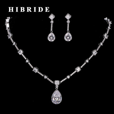 HIBRIDE Korean Style AAA Cubic Zircon White Gold Color Necklace Earring Sets