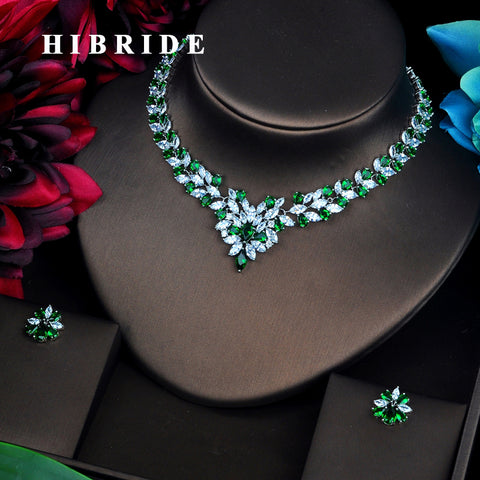 HIBRIDE Shiny Green Cubic Necklace& Earrings Set
