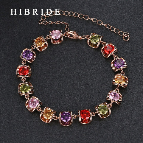 HIBRIDE Multicolor AAA Cubic Zircon Rose Gold Color Link Chain Bracelet  B-15