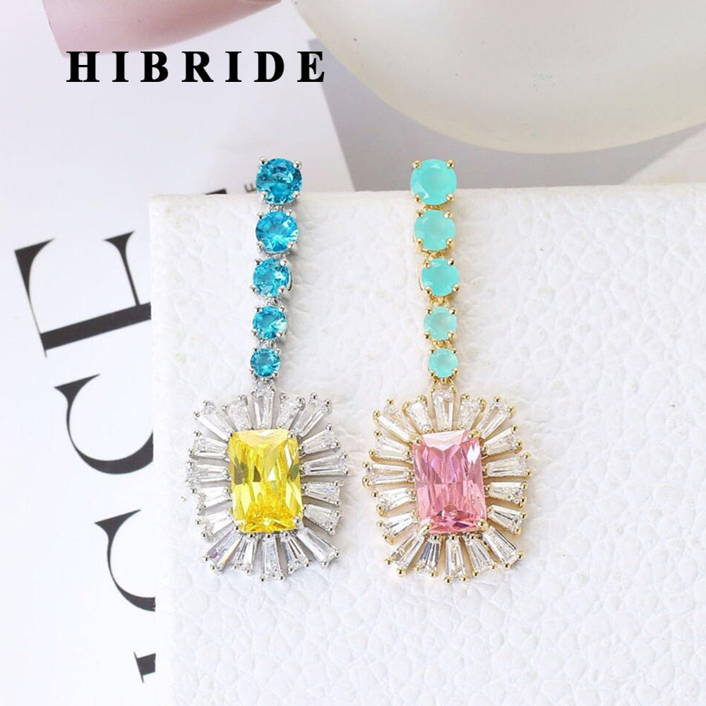 HIBRIDE Large Multi-color Stone Square Shape Long Dangle Earrings E-492
