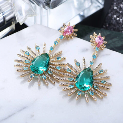 HIBRIDE Large Zircon Stone Blue Green Post Zircon Inlay Fashion Thick Style Earrings E-627