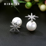 HIBRIDE Star Shape Marquise Cut AAA Cubic Zirconia Pave Pearl Stud Earring E-457