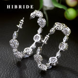 HIBRIDE Hollow Out Piercing Hoop Earrings Full CZ Prong Setting Silver Plated Charm Jewelry E-455