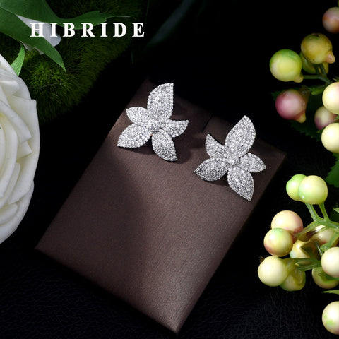 HIBRIDE Flower Shape Full CZ Stud Earrings Dubai Korean Style brinco Earrings E-438