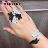 HIBRIDE Black And Clear Cubic Zircon  Flower Design Bangle&Bracelets Earring