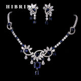 HIBRIDE Luxury Blue and White Cubic Zircon Bridal Flower Shape Necklace And Drop Earring Sets