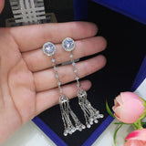 HIBRIDE Blue Round Cubic Zirconia Tassel Drop Earring E-549