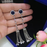 HIBRIDE Blue Round Cubic Zirconia Tassel Drop Earring E-549