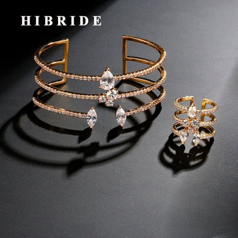 HIBRIDE Luxury Cubic ZirconBangle Ring Sets Water Drop Crystal Cuff Bracelets Bangle