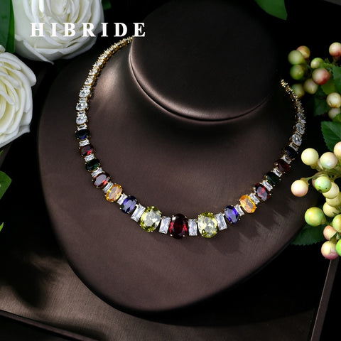 HIBRIDE Multicolor Stone AAA Cubic Zirconia Square Shape Wedding Necklace