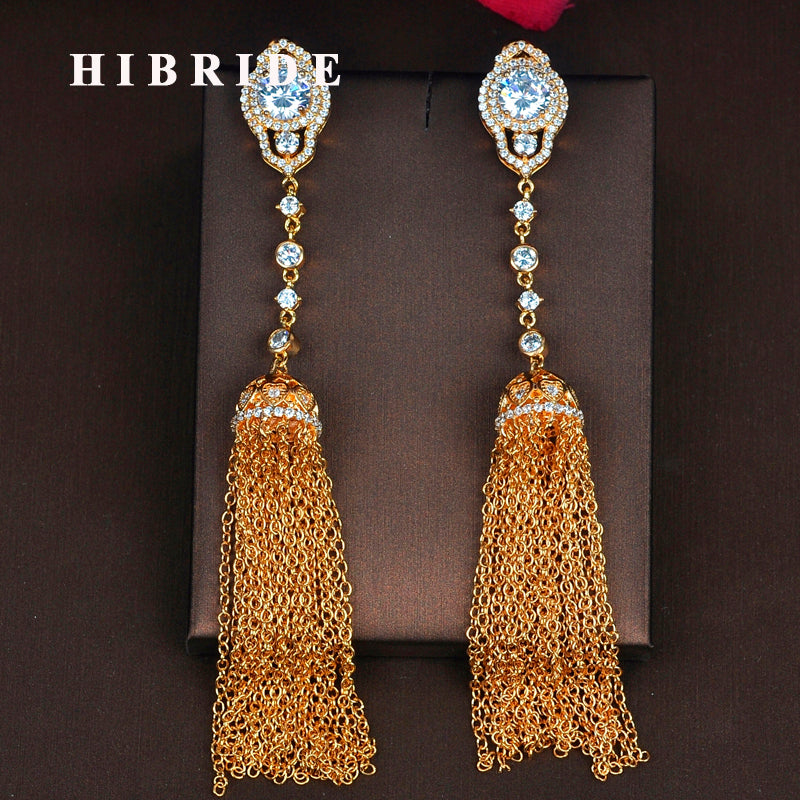 HIBRIDE Luxury Gold Color Cubic Zircon Brincos Tassel Earring E-853