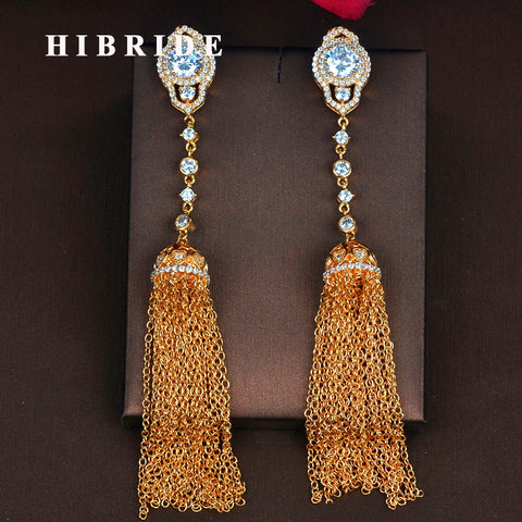 HIBRIDE Luxury Gold Color Cubic Zircon Brincos Tassel Earring E-853