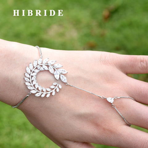 HIBRIDE Luxury Leaf Design CZ Stone Bridal Bracelets&Bangles Trendy Crystal Charm