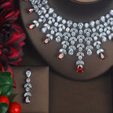 HIBRIDE Luxury Red Water Drop Cubic Zirconia Bride Flower Shape Necklace Sets