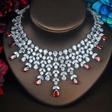 HIBRIDE Luxury Red Water Drop Cubic Zirconia Bride Flower Shape Necklace Sets