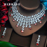 HIBRIDE Luxury Red Water Drop Cubic Zirconia Bride Flower Shape Necklace Sets