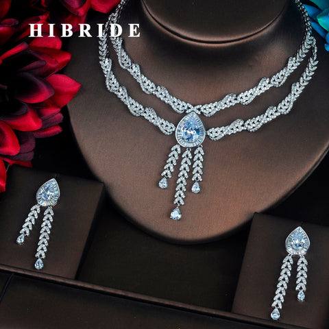 HIBRIDE Luxury Water Drop Shape Pendant Micro CZ Pave Jewelry Sets