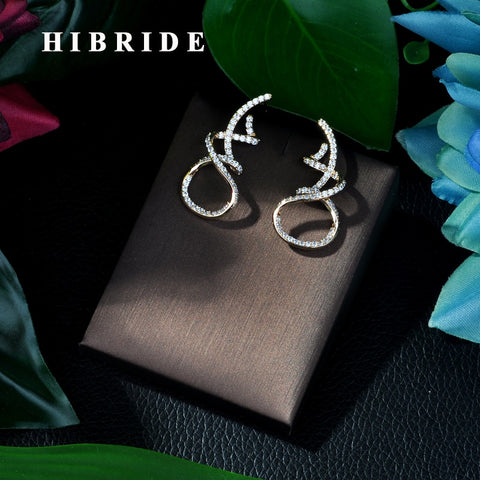 HIBRIDE Winding Lines Geometry Mirco Paved Microl Zirconia Naija Stud Earring Bijoux Femmel E-75